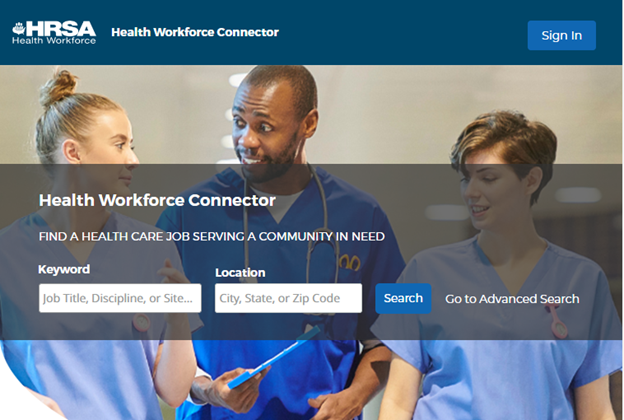 A screenshot of the Health Workforce Connector main page.